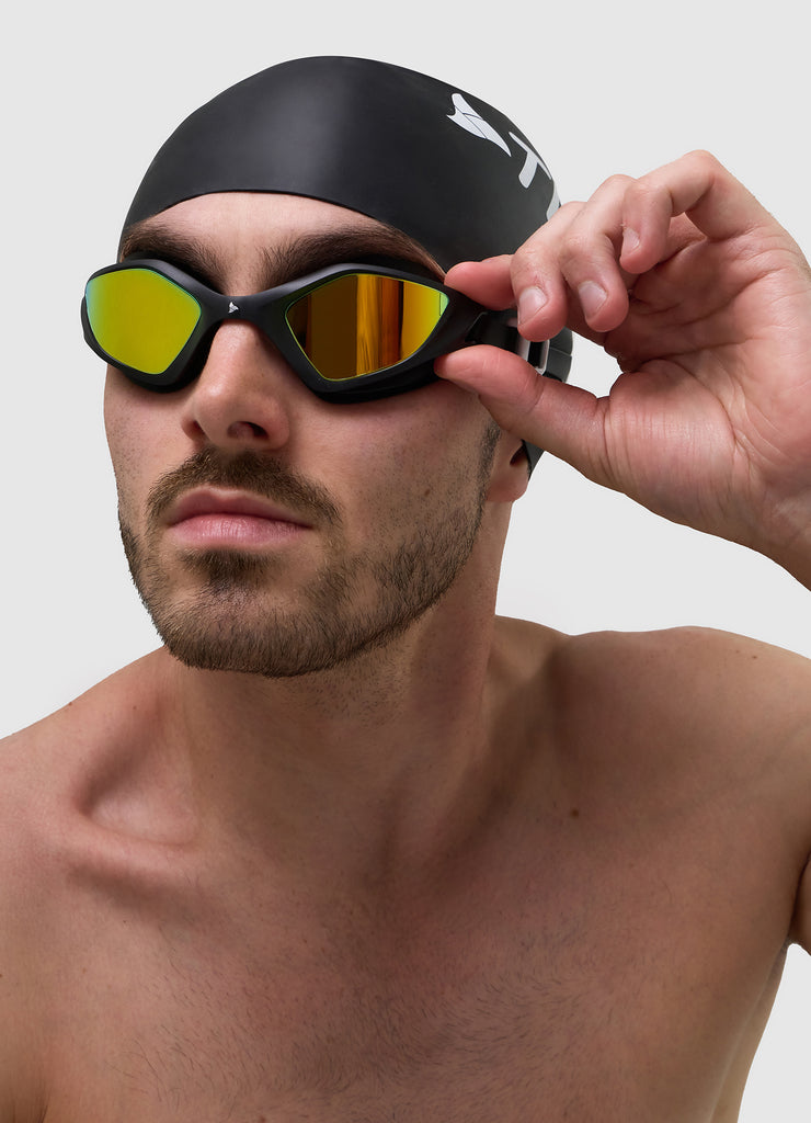 TRI-FIT RAPID-X Swim Goggles in black with gold lens. 220 Triathlon Cutting Edge Award