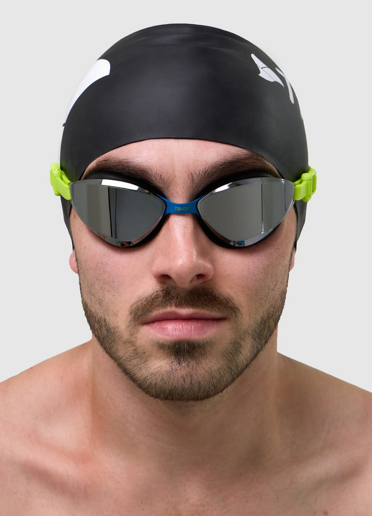 TRI-FIT VOLT swim goggles with black and blue frame and silver mirrored lenses on a white background. 220 Triathlon Best on Test & TRI247 95%