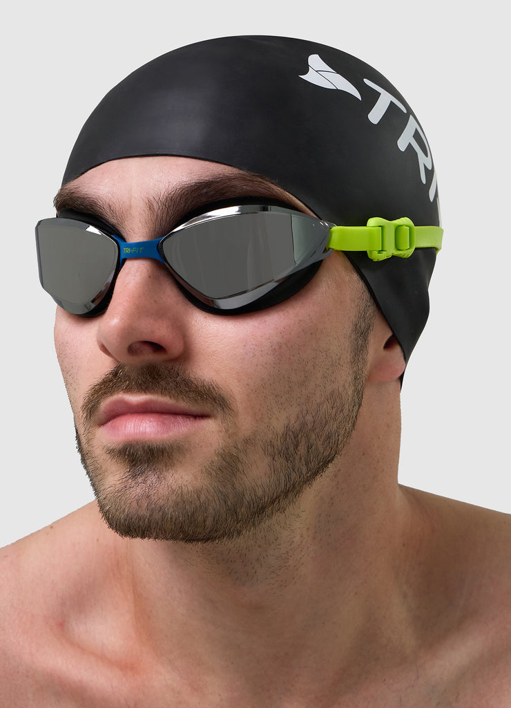 TRI-FIT VOLT swim goggles with black and blue frame and silver mirrored lenses on a white background. 220 Triathlon Best on Test & TRI247 95%