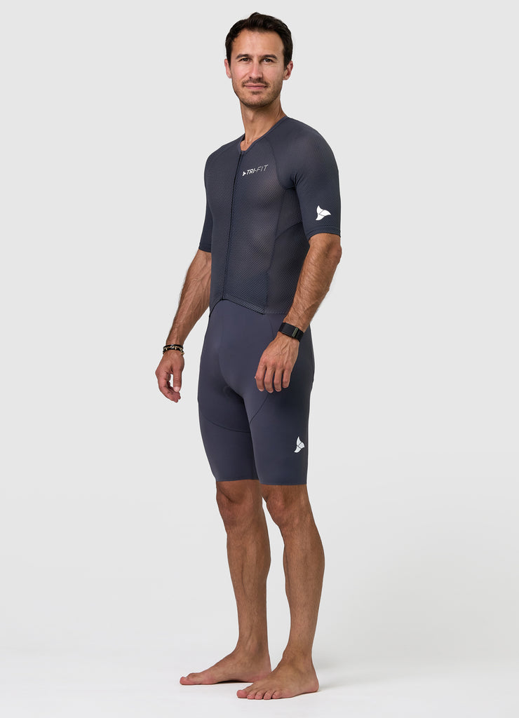 Side profile of men’s VANGUARD tri-suit in grey, showing ergonomic fit and full-body construction