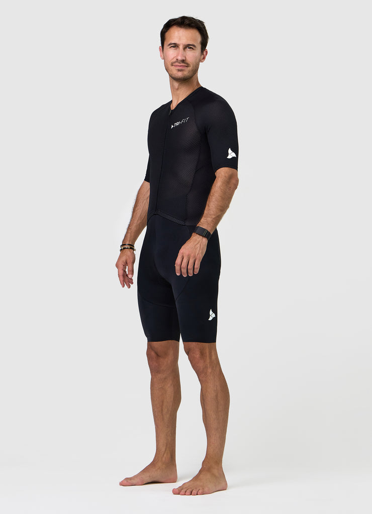 Side profile of men’s VANGUARD tri-suit in black, showing ergonomic fit and full-body construction