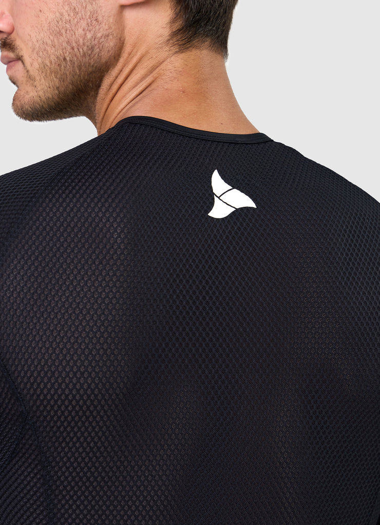 TRI-FIT logo on the rear collar of VANGUARD tri-suit in black, printed on breathable mesh fabric