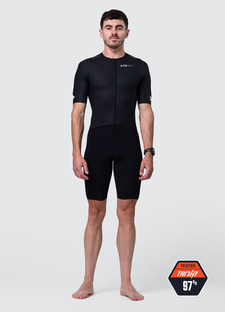 TRI-FIT VORTEX BLACK EDITION Tri-Suit front view – ultra-light aerodynamic design for triathlon. TRI247 97%