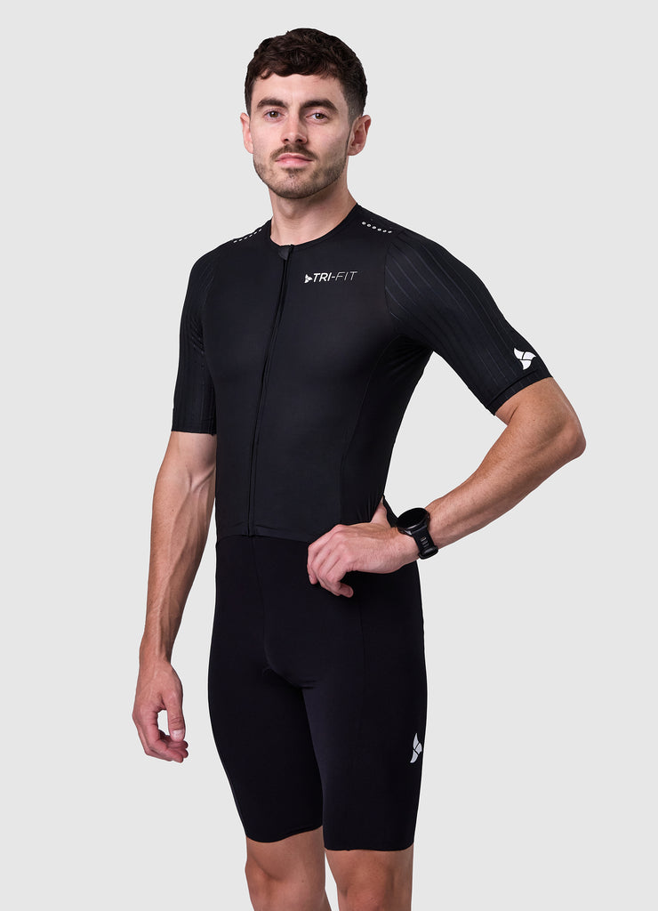 TRI-FIT VORTEX BLACK EDITION Tri-Suit side view – showcasing laser-cut sleeves and aero fit