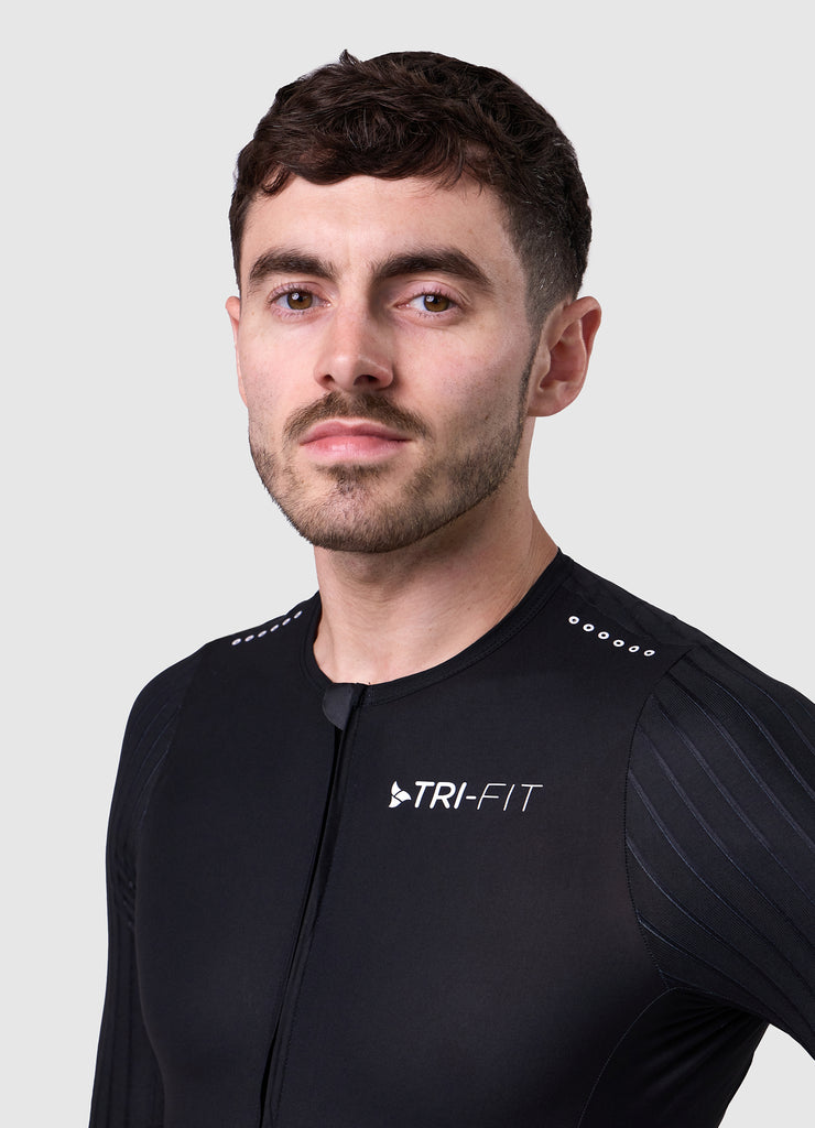 TRI-FIT VORTEX BLACK EDITION Tri-Suit side view – showcasing laser-cut sleeves and aero fit