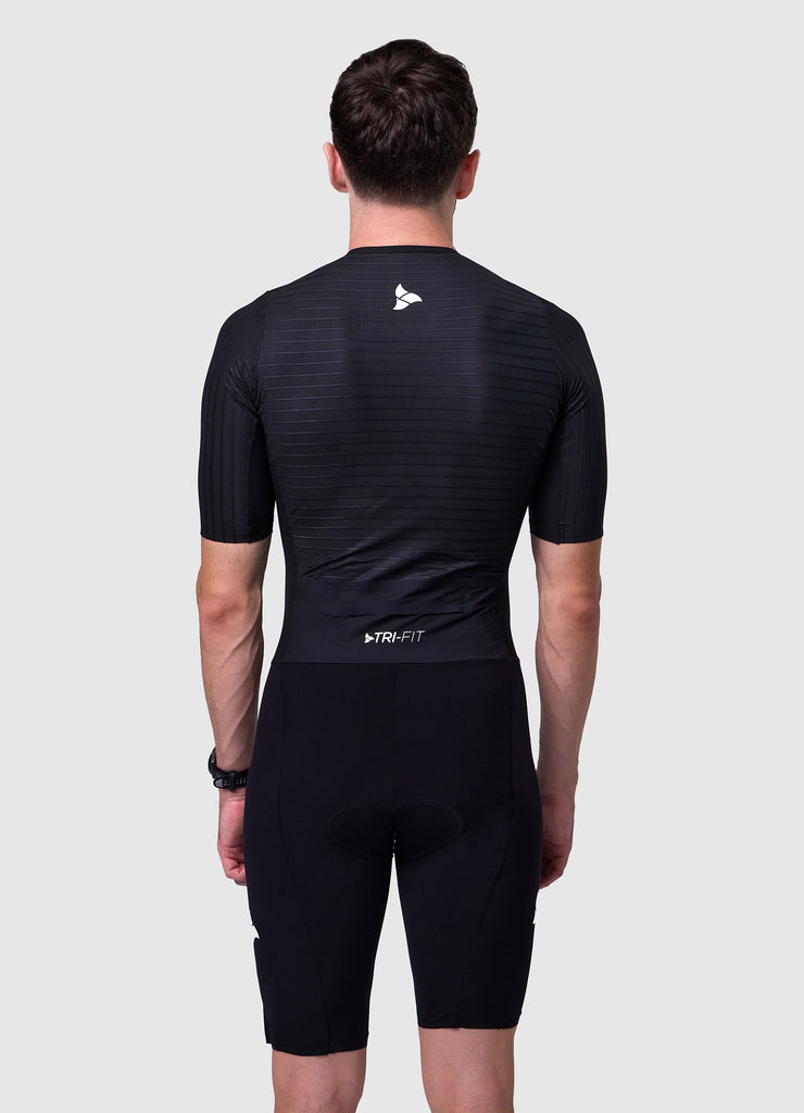 TRI-FIT VORTEX BLACK EDITION Tri-Suit rear view – aerodynamic rear pocket system and ribbed aero fabric