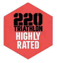 Hexagonal logo with '220 Triathlon Highly Rated' text on a red background