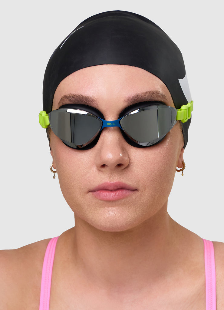 TRI-FIT VOLT swim goggles with black and blue frame and silver mirrored lenses on a white background. 220 Triathlon Best on Test & TRI247 95%