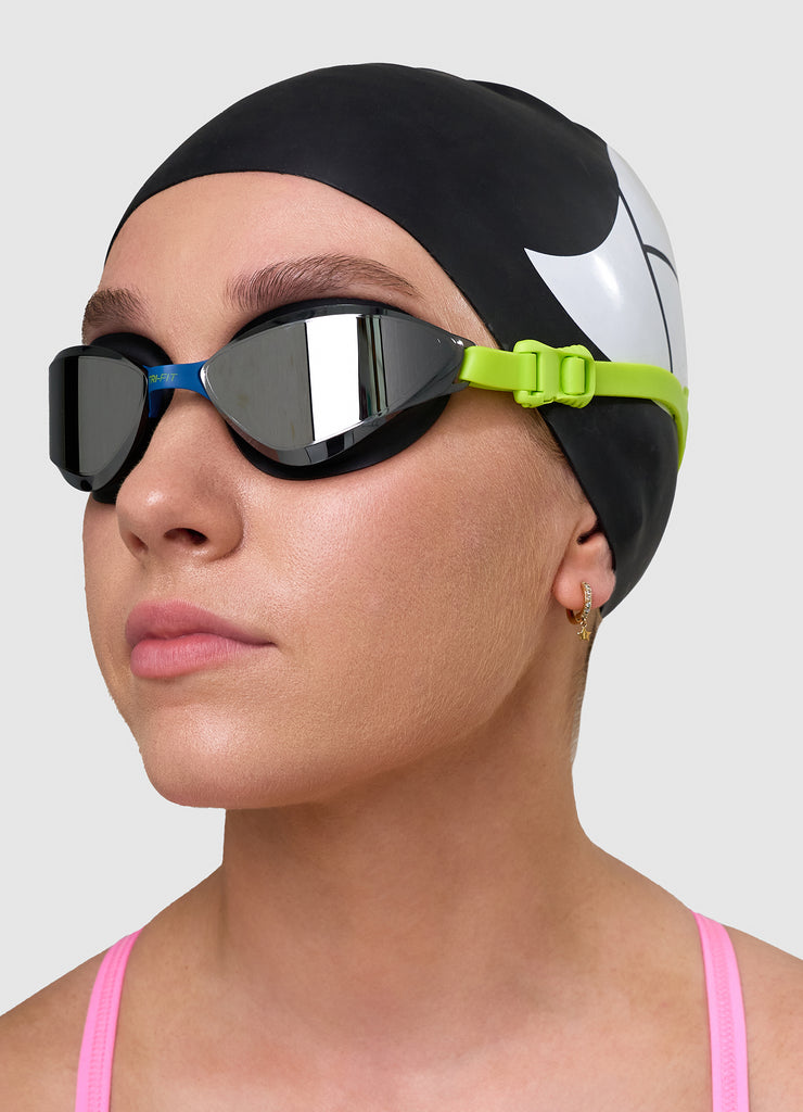 TRI-FIT VOLT swim goggles with black and blue frame and silver mirrored lenses on a white background. 220 Triathlon Best on Test & TRI247 95%