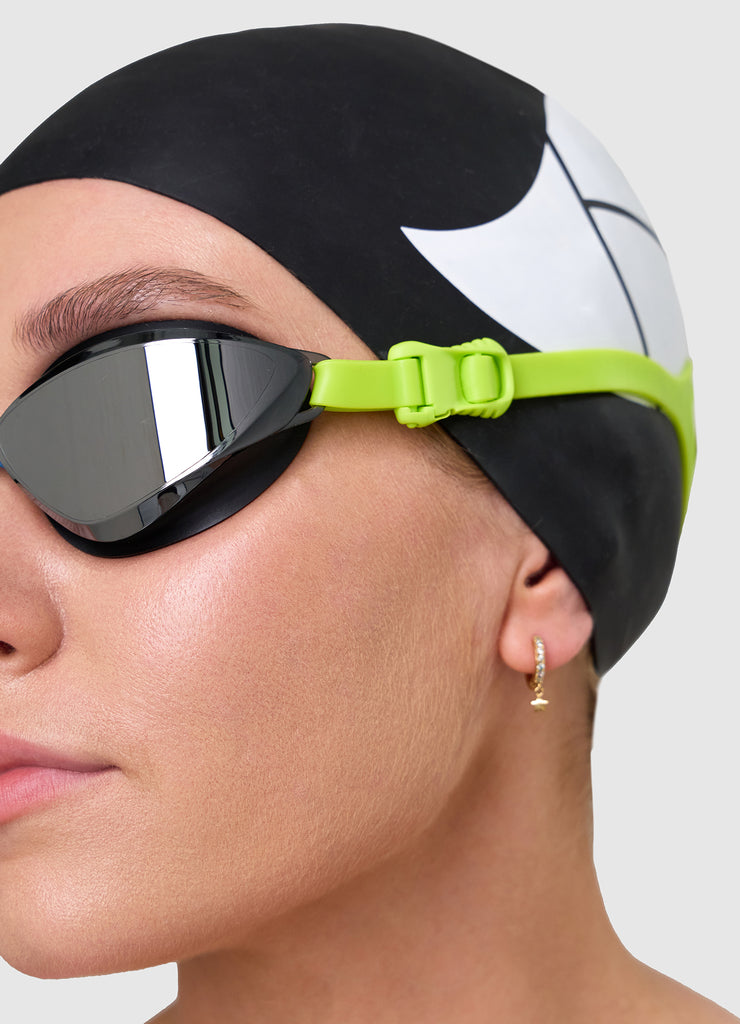 TRI-FIT VOLT swim goggles with black and blue frame and silver mirrored lenses on a white background. 220 Triathlon Best on Test & TRI247 95%