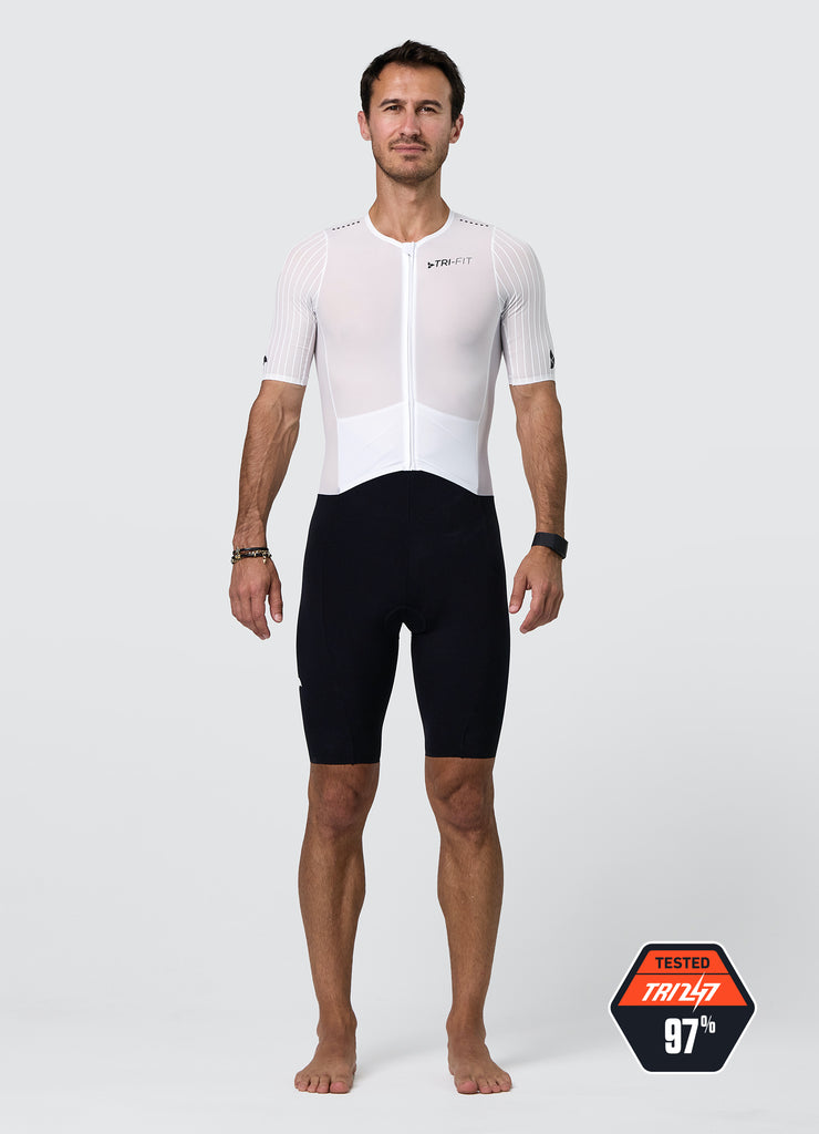 TRI-FIT VORTEX Tri-Suit Black & White edition – front view men’s aerodynamic tri-suit. TRI247 97%