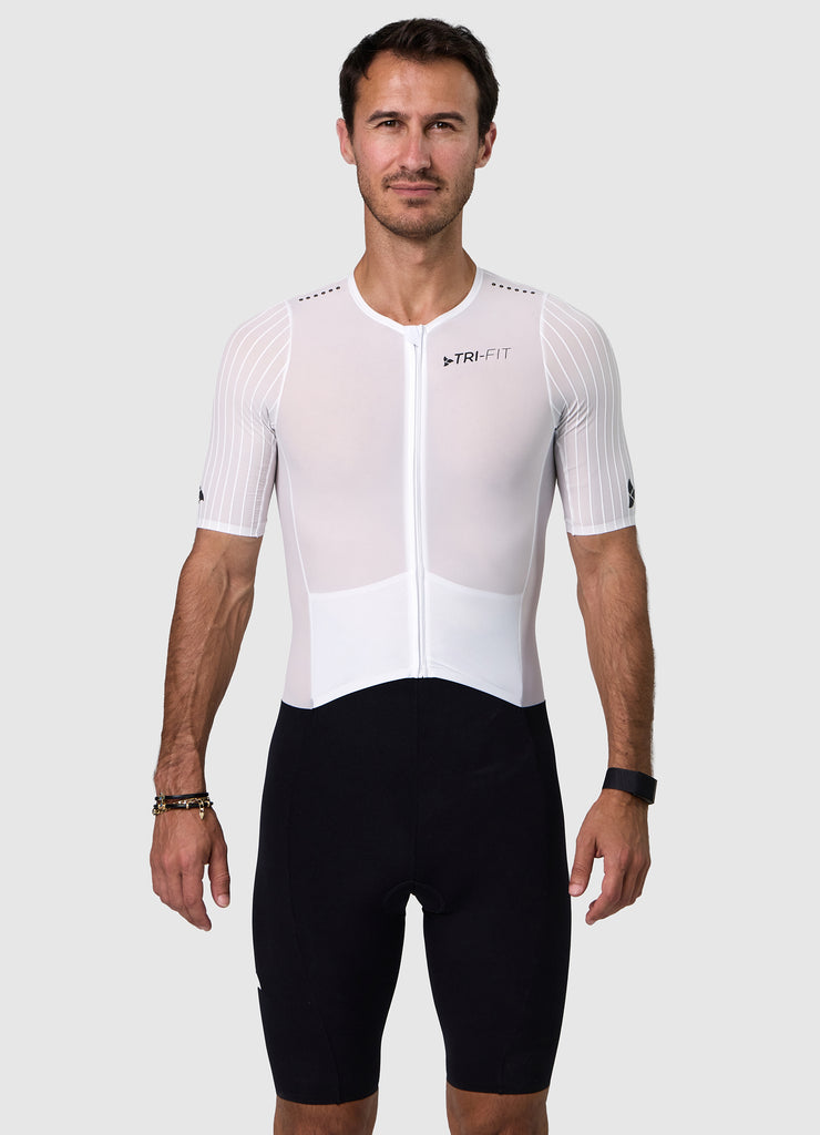 TRI-FIT VORTEX Tri-Suit Black & White edition – front view men’s aerodynamic tri-suit