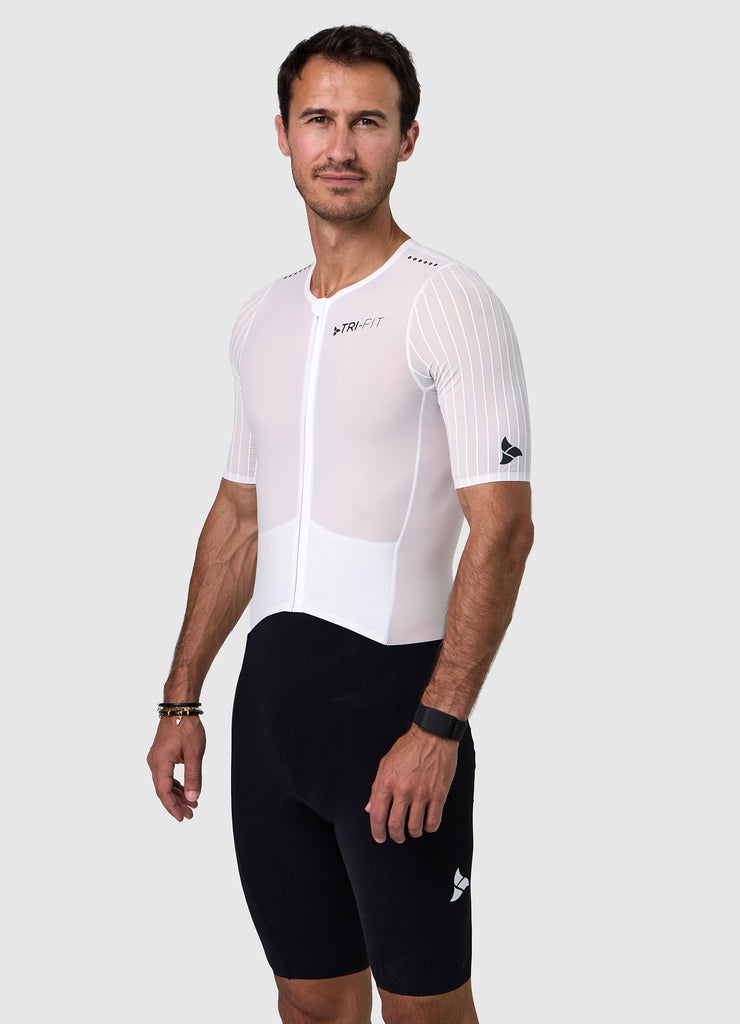 Side view of the men's white/black VORTEX triathlon suit showcasing aero sleeves and race cut