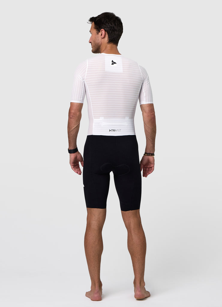 TRI-FIT VORTEX Tri-Suit Black & White edition – rear view men’s tri-suit with aerodynamic pocket system