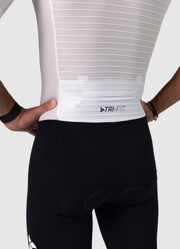TRI-FIT VORTEX Tri-Suit Black & White edition – rear view men’s tri-suit with aerodynamic pocket system