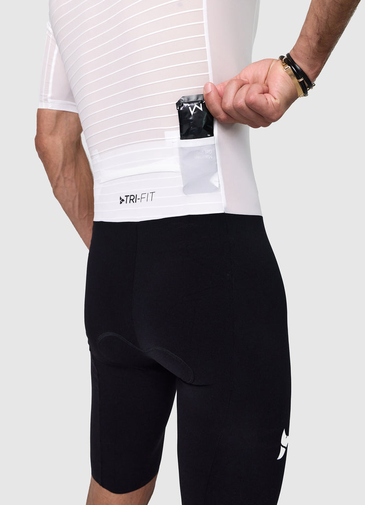 TRI-FIT VORTEX Tri-Suit Black & White edition – rear view men’s tri-suit with aerodynamic pocket system