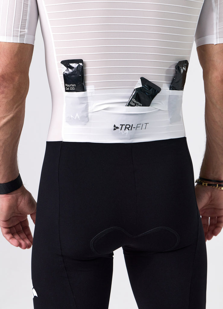 TRI-FIT VORTEX Tri-Suit Black & White edition – rear view men’s tri-suit with aerodynamic pocket system