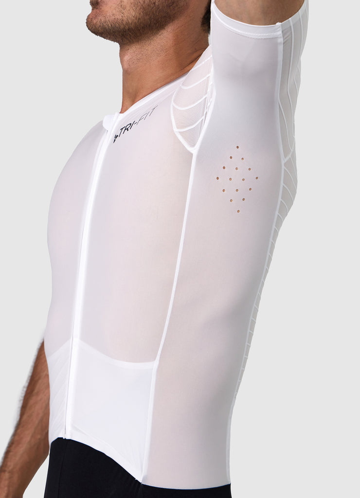 Close-up of single side panel with laser cut ventilation on the white/black VORTEX triathlon suit