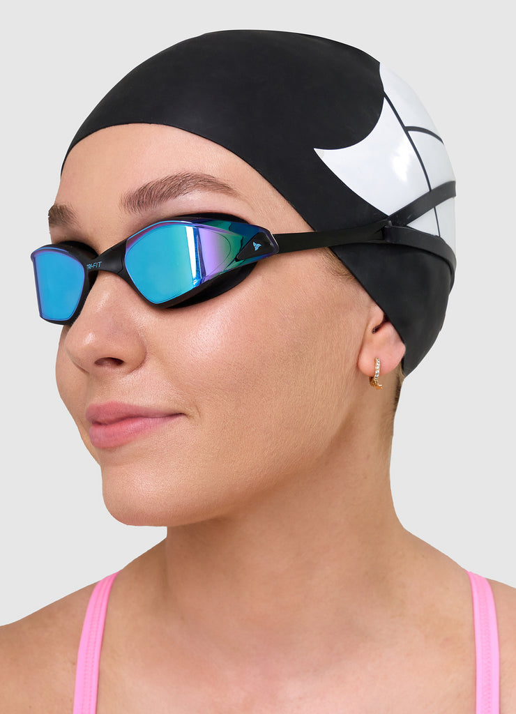 Women wearing TRI-FIT PROPEL Reversible Swimsuit with PROPEL Goggles and Swim Cap.