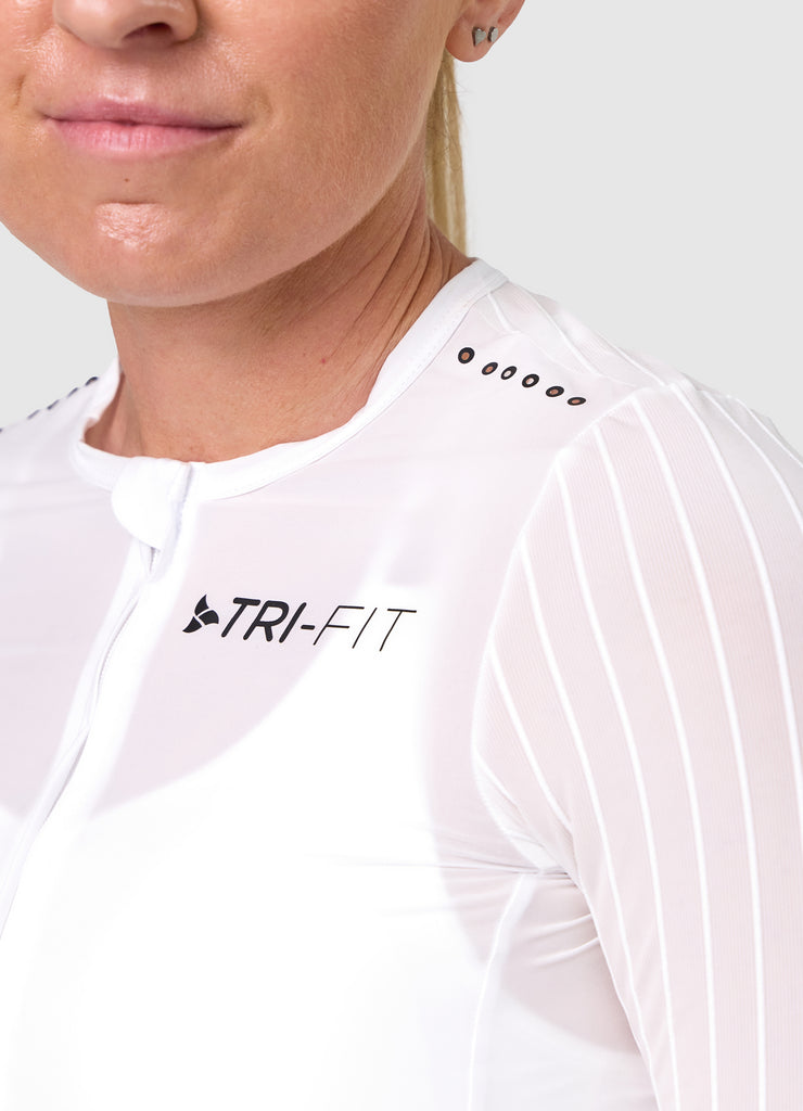TRI-FIT VORTEX Tri-Suit Black & White edition – chest logo detail on front panel and shoulder laser cut ventilation