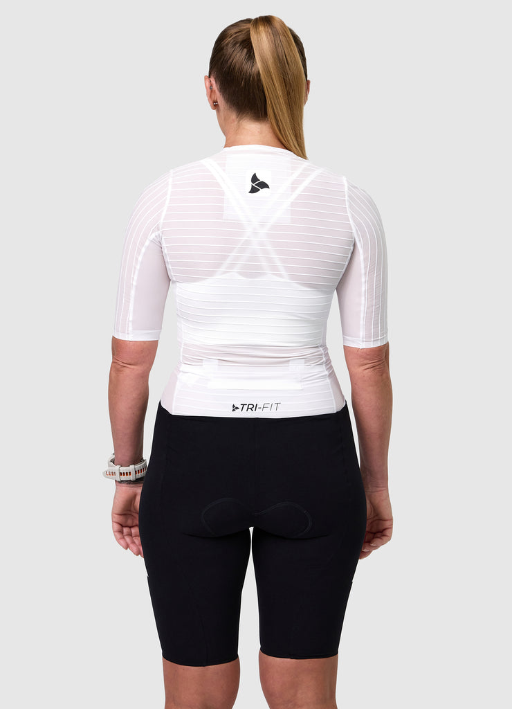 TRI-FIT VORTEX Tri-Suit Black & White edition – rear view women’s tri-suit with aerodynamic pocket system