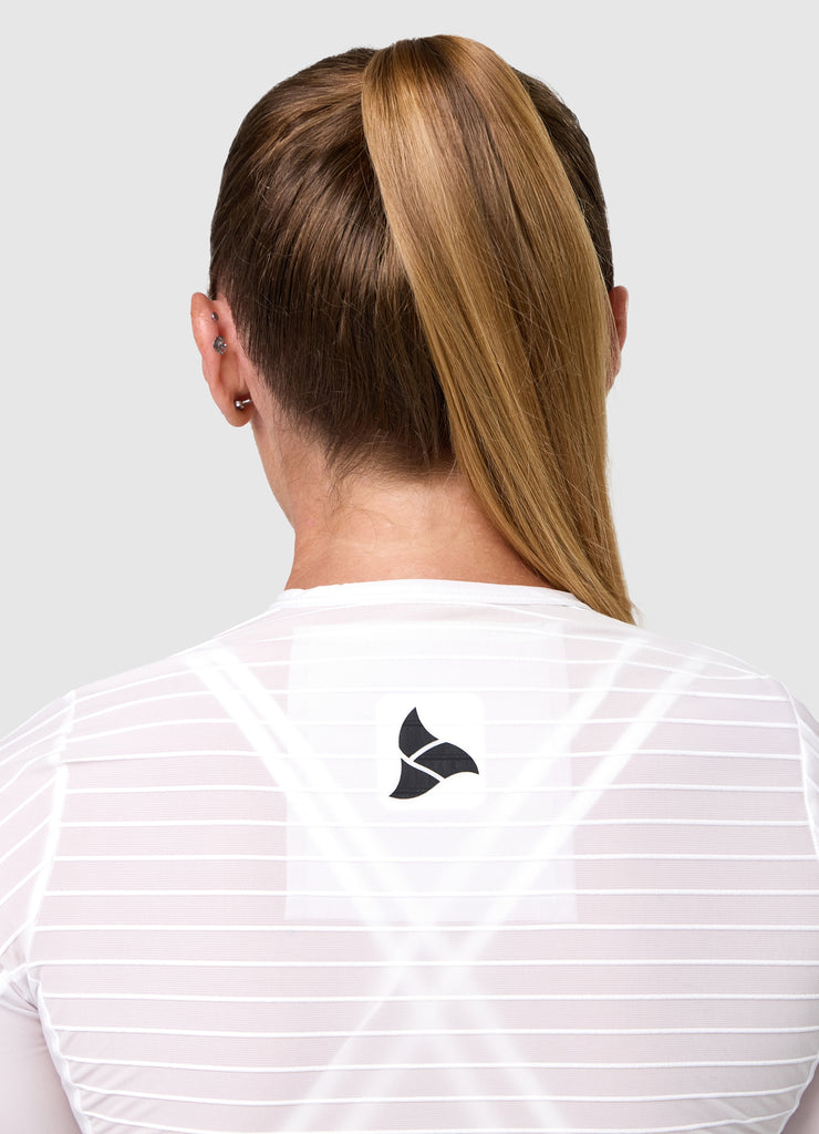 TRI-FIT VORTEX Tri-Suit Black & White edition – back logo on ribbed aero fabric