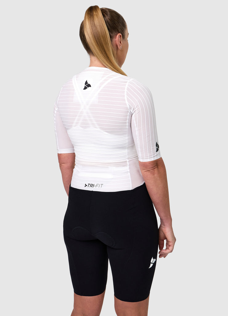 TRI-FIT VORTEX Tri-Suit Black & White edition – rear view women’s tri-suit with aerodynamic pocket system
