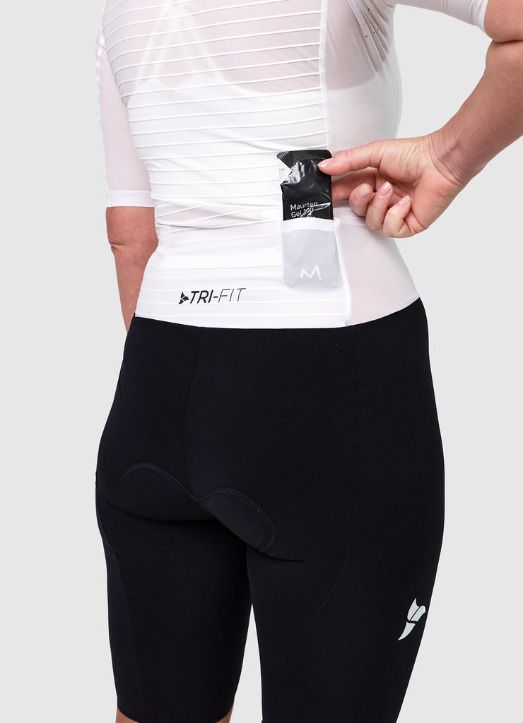 TRI-FIT VORTEX Tri-Suit Black & White edition – rear view women’s tri-suit with aerodynamic pocket system