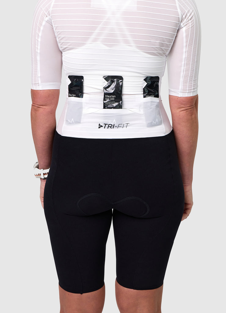 TRI-FIT VORTEX Tri-Suit Black & White edition – rear view women’s tri-suit with aerodynamic pocket system