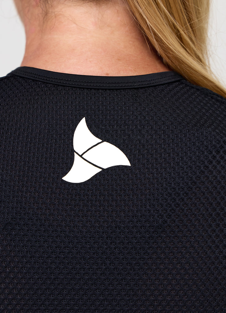 Rear neckline of VANGUARD tri-suit featuring white TRI-FIT logo on breathable mesh fabric