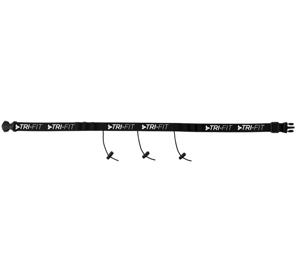 TRI-FIT Race Bet in black with white logo and 6 energy gel loops, 3 race number toggles and size adjustable buckle. 