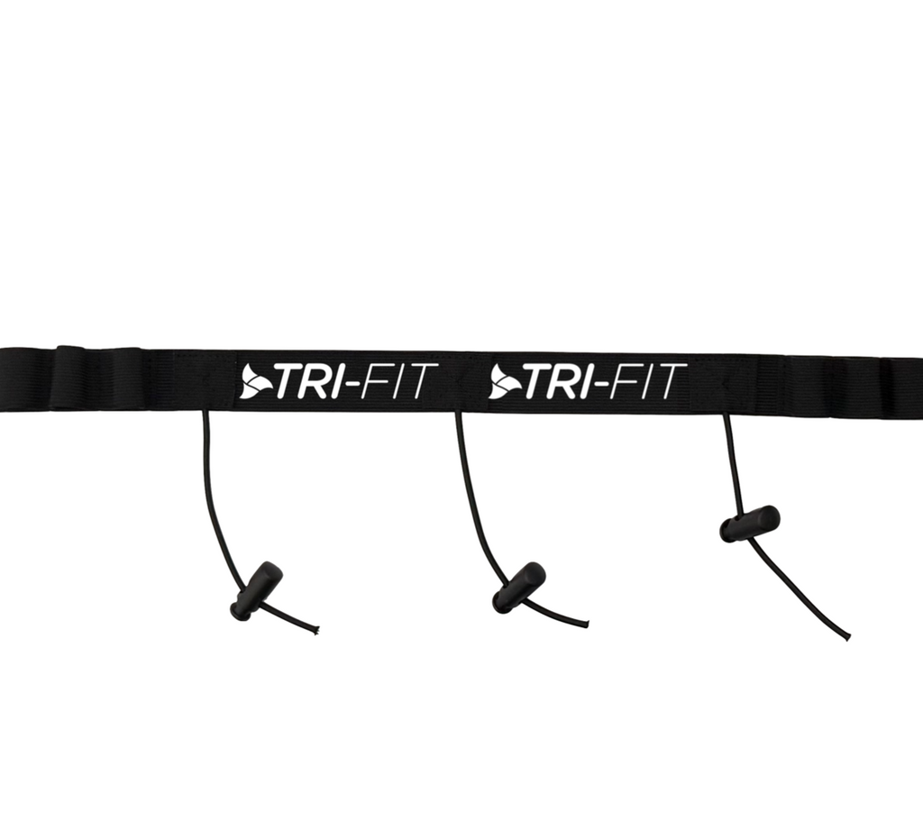 TRI-FIT Race Bet in black with white logo and 6 energy gel loops, 3 race number toggles and size adjustable buckle. 