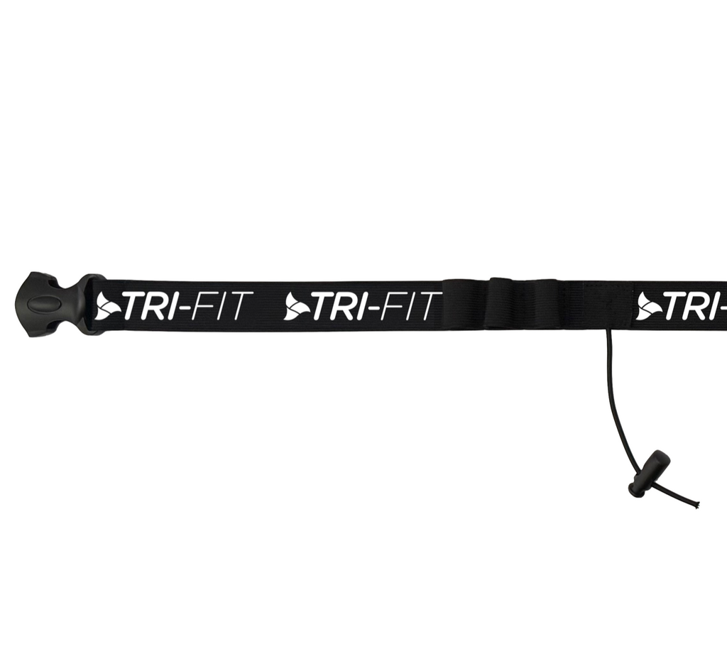 TRI-FIT Race Bet in black with white logo and 6 energy gel loops, 3 race number toggles and size adjustable buckle. 