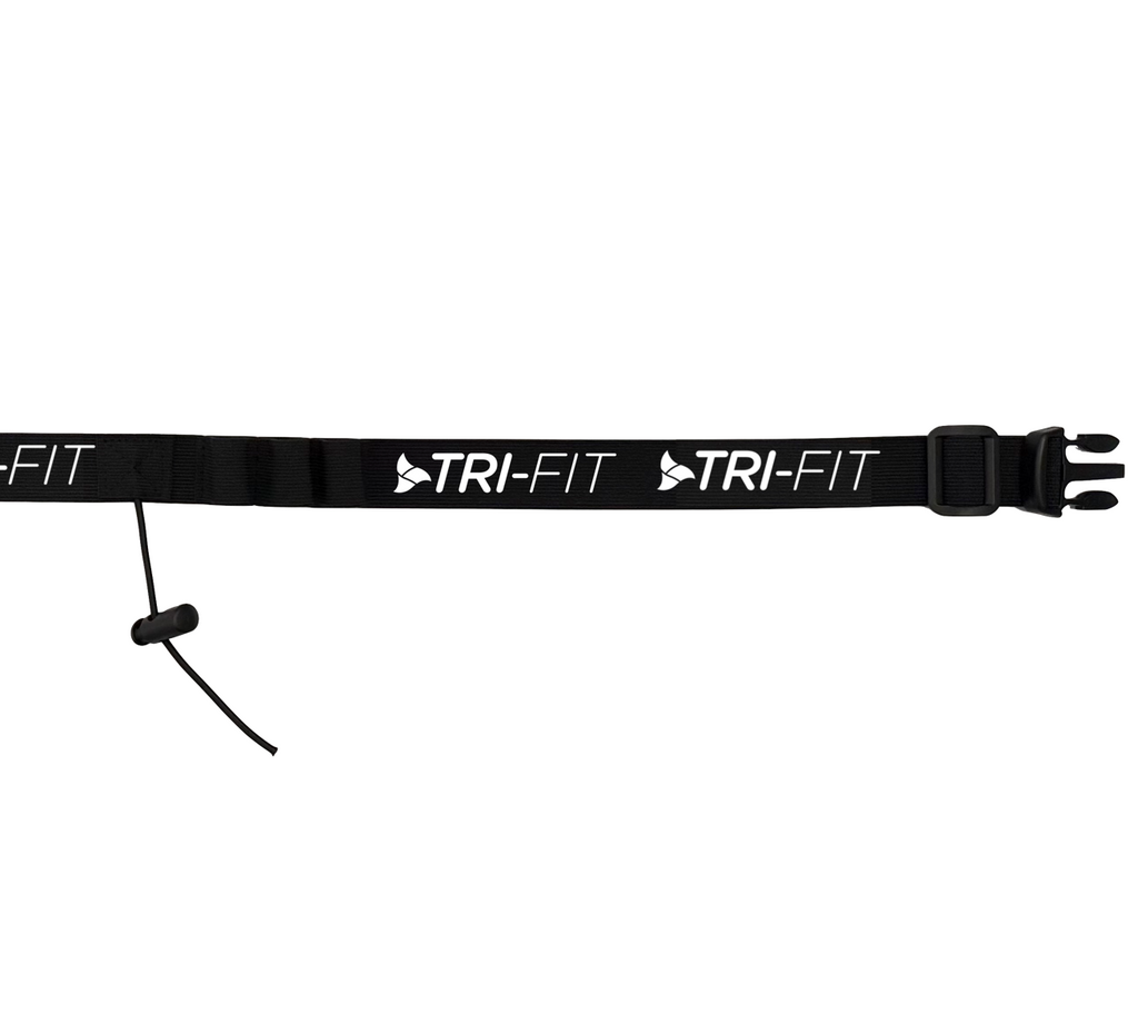 TRI-FIT Race Bet in black with white logo and 6 energy gel loops, 3 race number toggles and size adjustable buckle. 