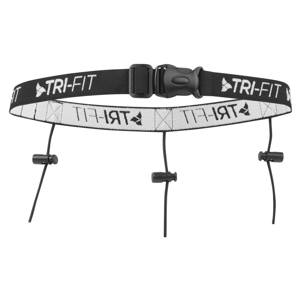 TRI-FIT Race Bet in black with white logo and 6 energy gel loops, 3 race number toggles and size adjustable buckle. 