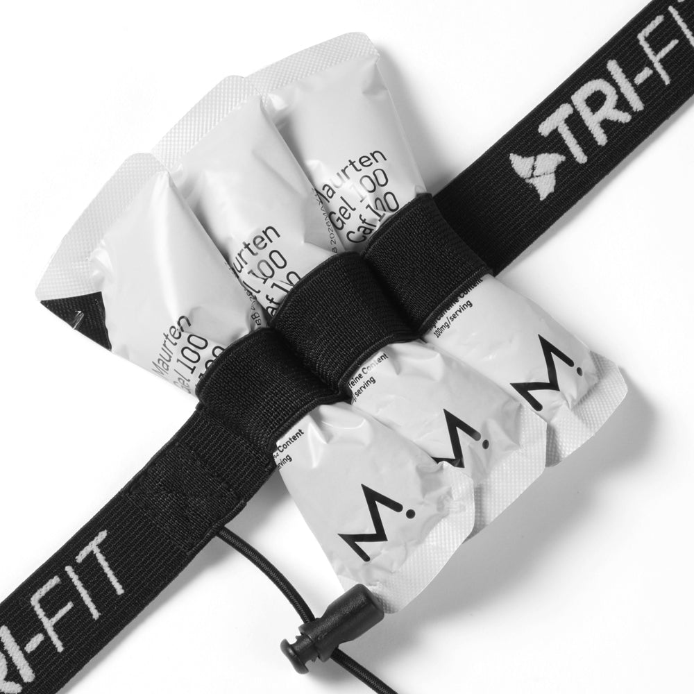 TRI-FIT Race Bet in black with white logo and 6 energy gel loops, 3 race number toggles and size adjustable buckle. 