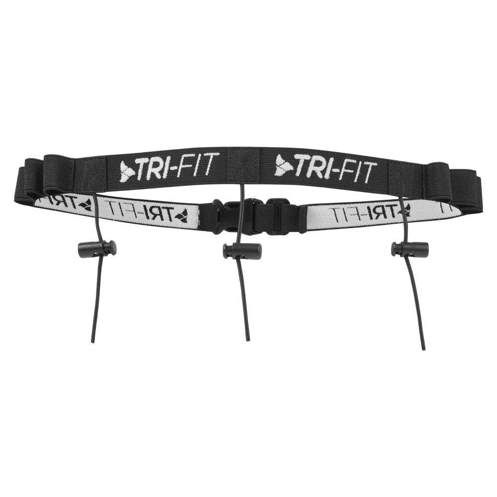 TRI-FIT Race Bet in black with white logo and 6 energy gel loops, 3 race number toggles and size adjustable buckle. 