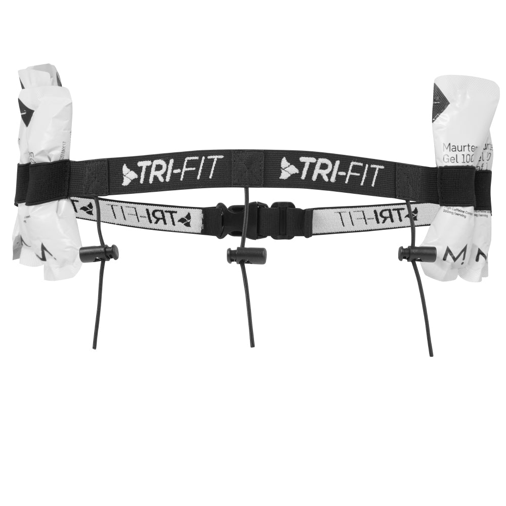 TRI-FIT Race Bet in black with white logo and 6 energy gel loops, 3 race number toggles and size adjustable buckle. 