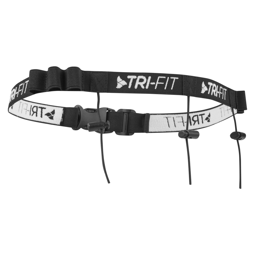 TRI-FIT Race Bet in black with white logo and 6 energy gel loops, 3 race number toggles and size adjustable buckle. 