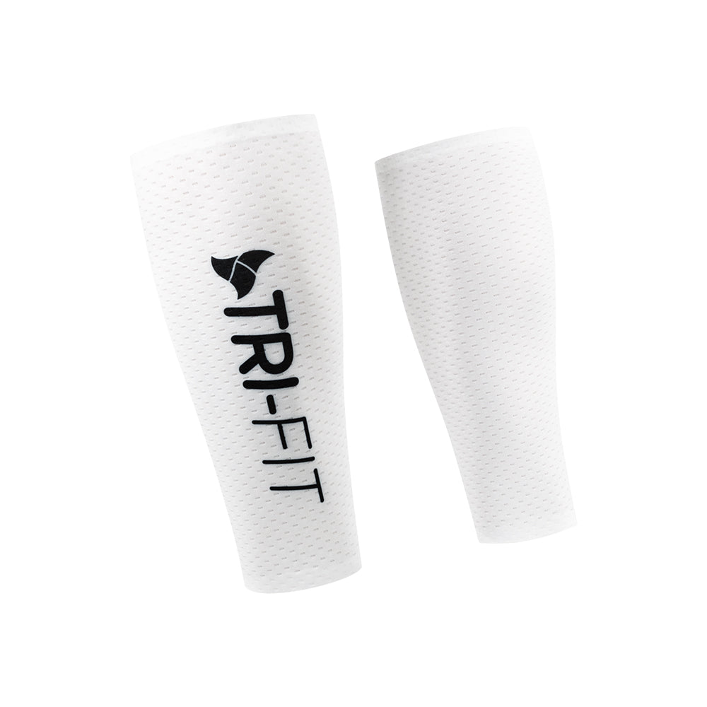 Angled pair of white CORE Calf Sleeves with black TRI-FIT logo printed on the textured surface.