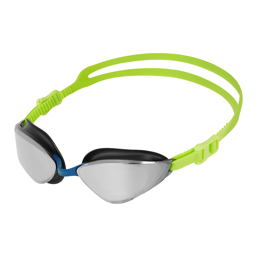 TRI-FIT VOLT swim goggles with black and blue frame and silver mirrored lenses on a white background. 220 Triathlon Best on Test & TRI247 95%