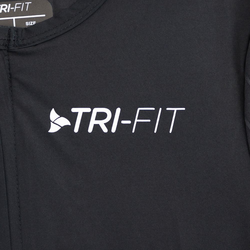 TRI-FIT chest logo detail on VORTEX BLACK EDITION Tri-Suit – premium race suit branding