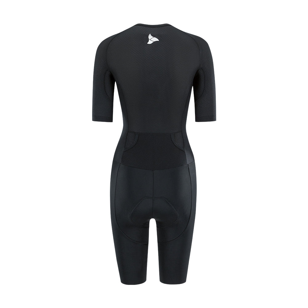 Back view of TRI-FIT VANGUARD tri-suit in black showing large aerodynamic pockets and shaped rear panel