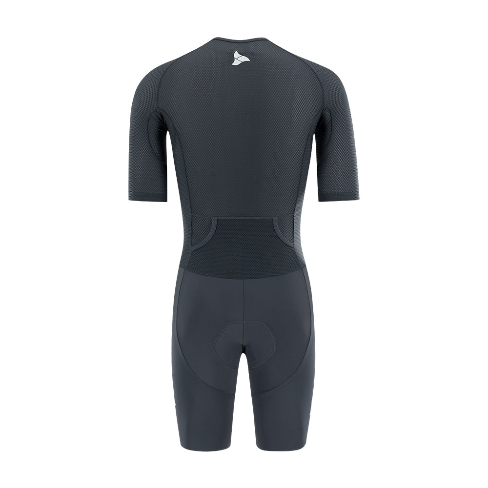 Back view of men’s VANGUARD tri-suit in grey, showing dual rear pockets and anatomical panel layout
