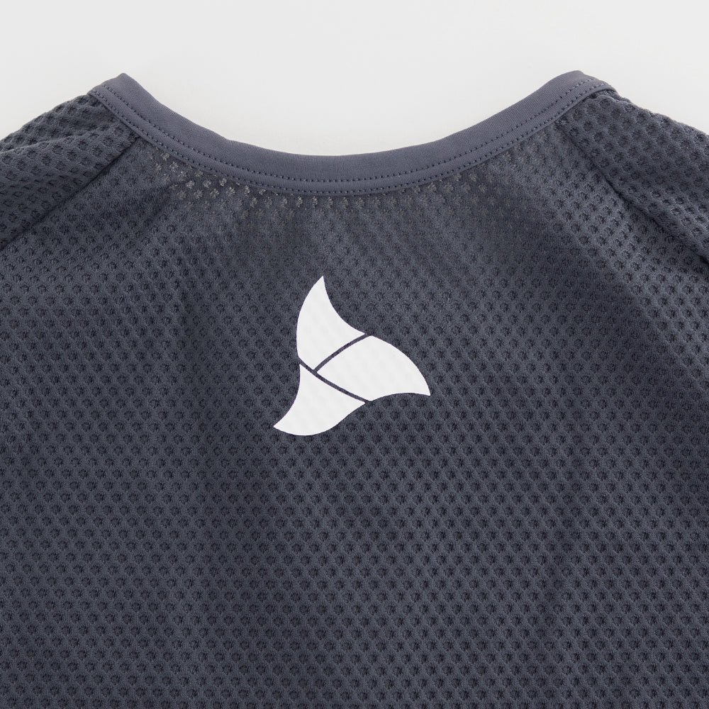 TRI-FIT logo on the rear collar of VANGUARD tri-suit in grey, printed on breathable mesh fabric