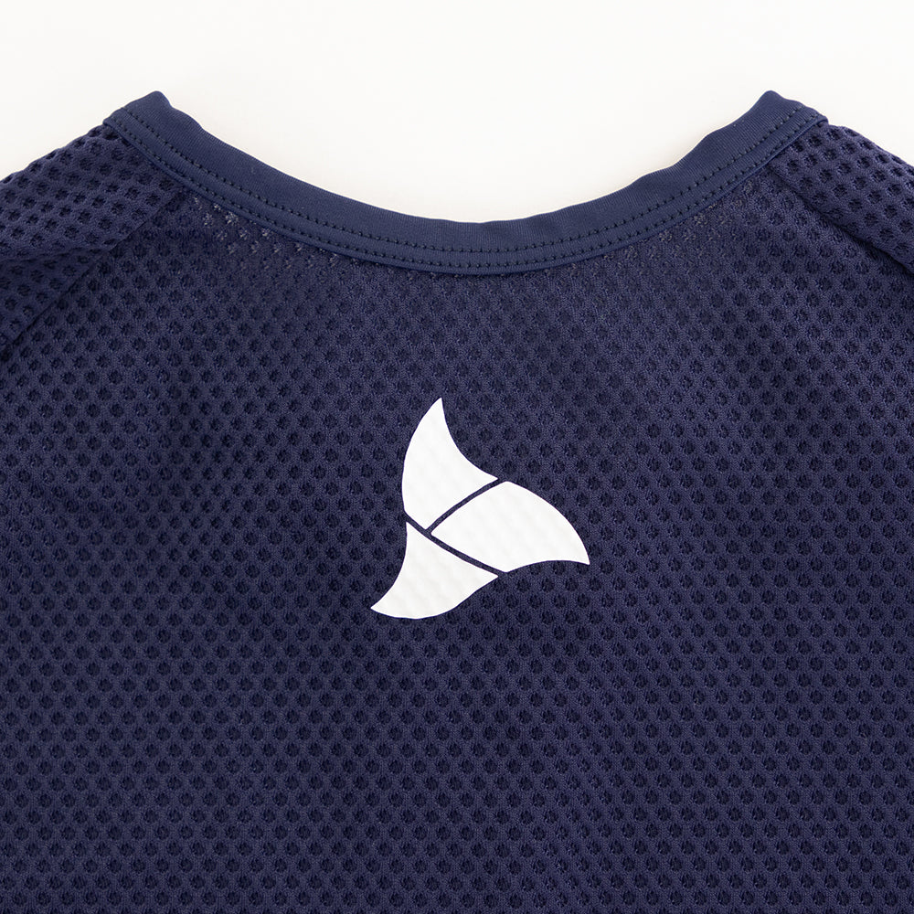 TRI-FIT logo on the rear collar of VANGUARD tri-suit in navy, printed on breathable mesh fabric