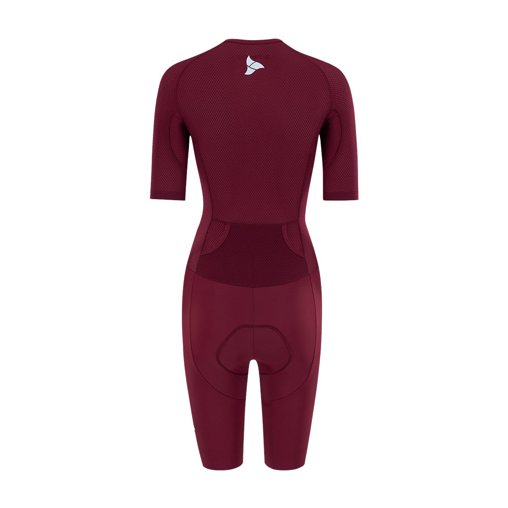 Back view of TRI-FIT VANGUARD tri-suit in wine red showing large aerodynamic pockets and shaped rear panel