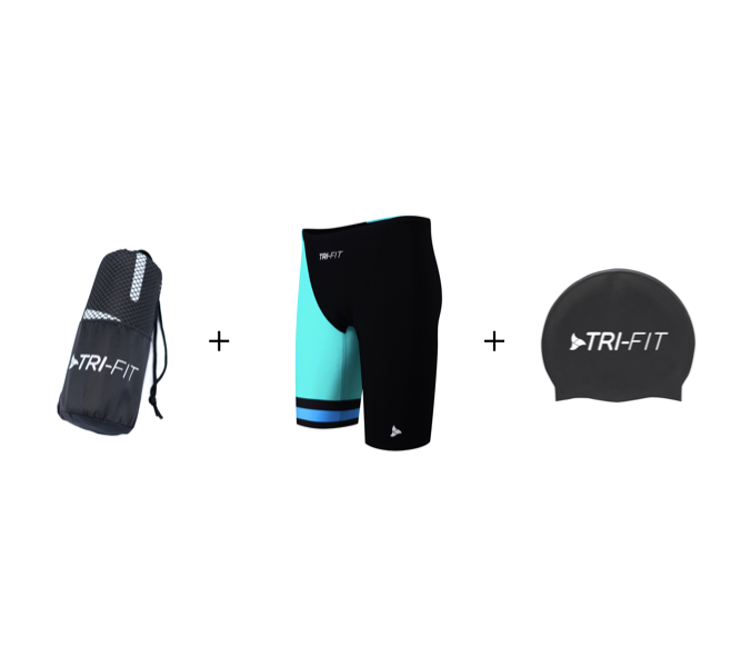 men's rapid triathlon swimwear bundle, showing mens jammers, transition towel and black swim cap